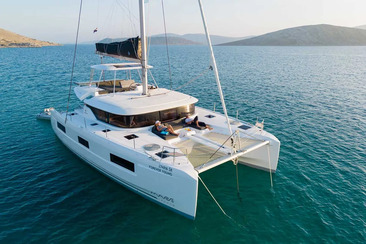 Exterior view of Forever Young, a Lagoon 46 catamaran at Grad Šibenik, Croatia