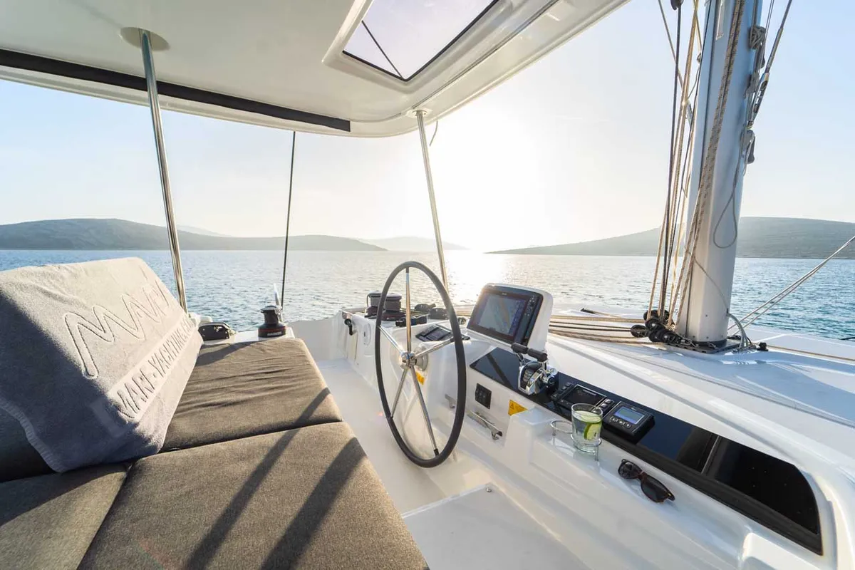 Cockpit of Forever Young, a Lagoon 46 catamaran at Grad Šibenik, Croatia