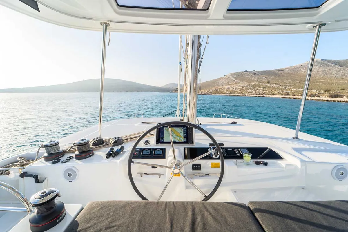 Cockpit of Forever Young, a Lagoon 46 catamaran at Grad Šibenik, Croatia