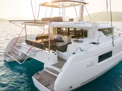 Cockpit of Forever Young, a Lagoon 46 catamaran at Grad Šibenik, Croatia