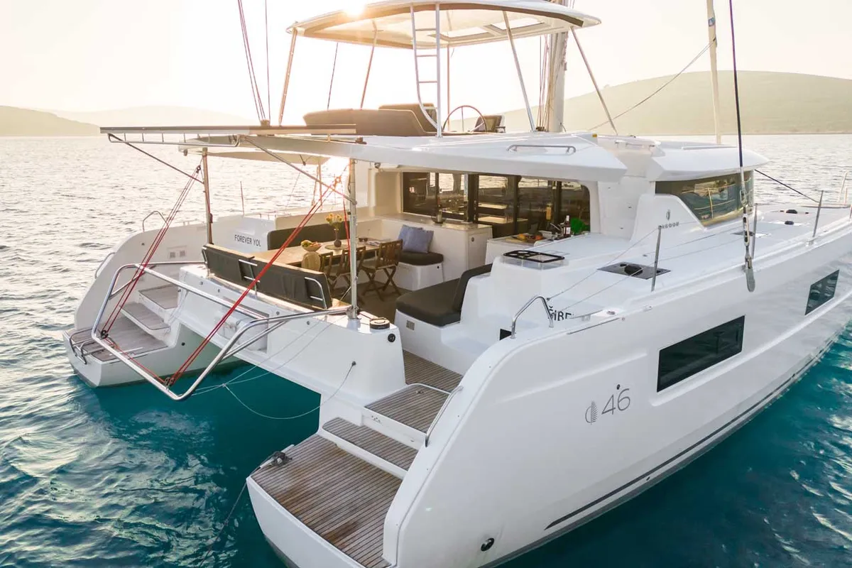 Cockpit of Forever Young, a Lagoon 46 catamaran at Grad Šibenik, Croatia