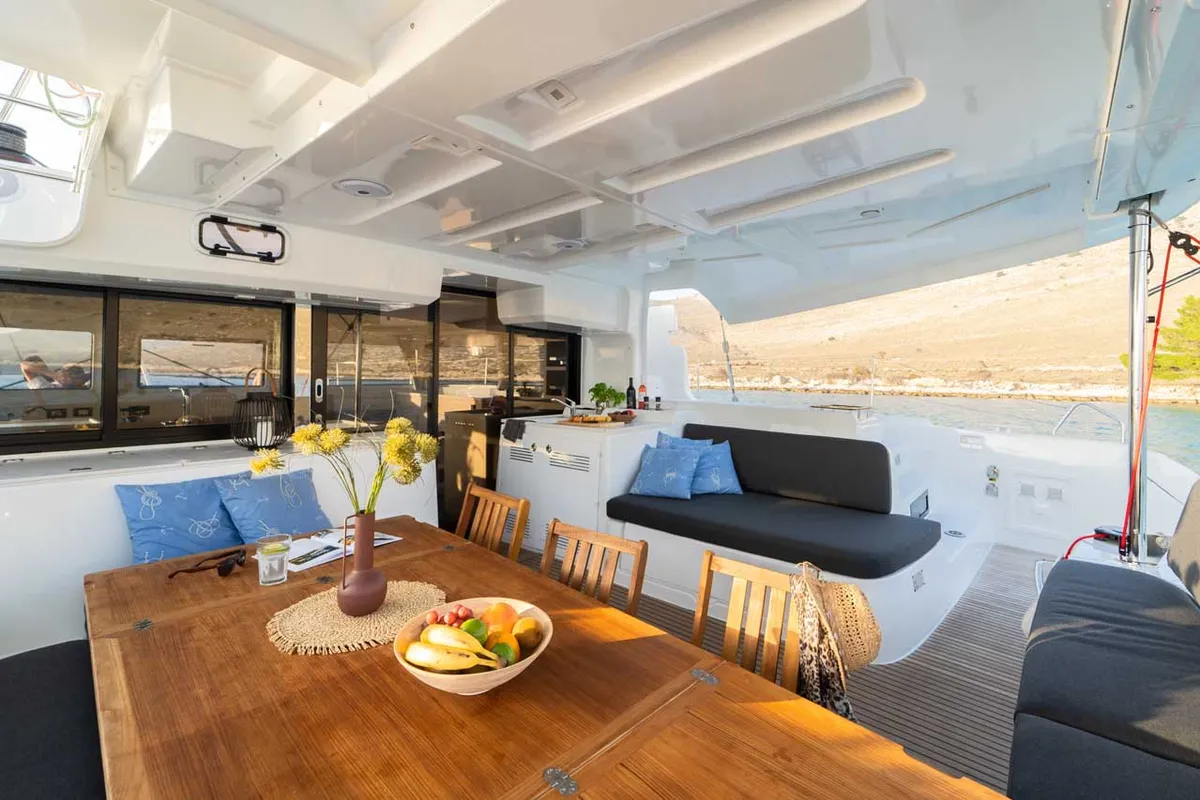 Deck of Forever Young, a Lagoon 46 catamaran at Grad Šibenik, Croatia