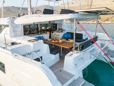 Deck of Forever Young, a Lagoon 46 catamaran at Grad Šibenik, Croatia