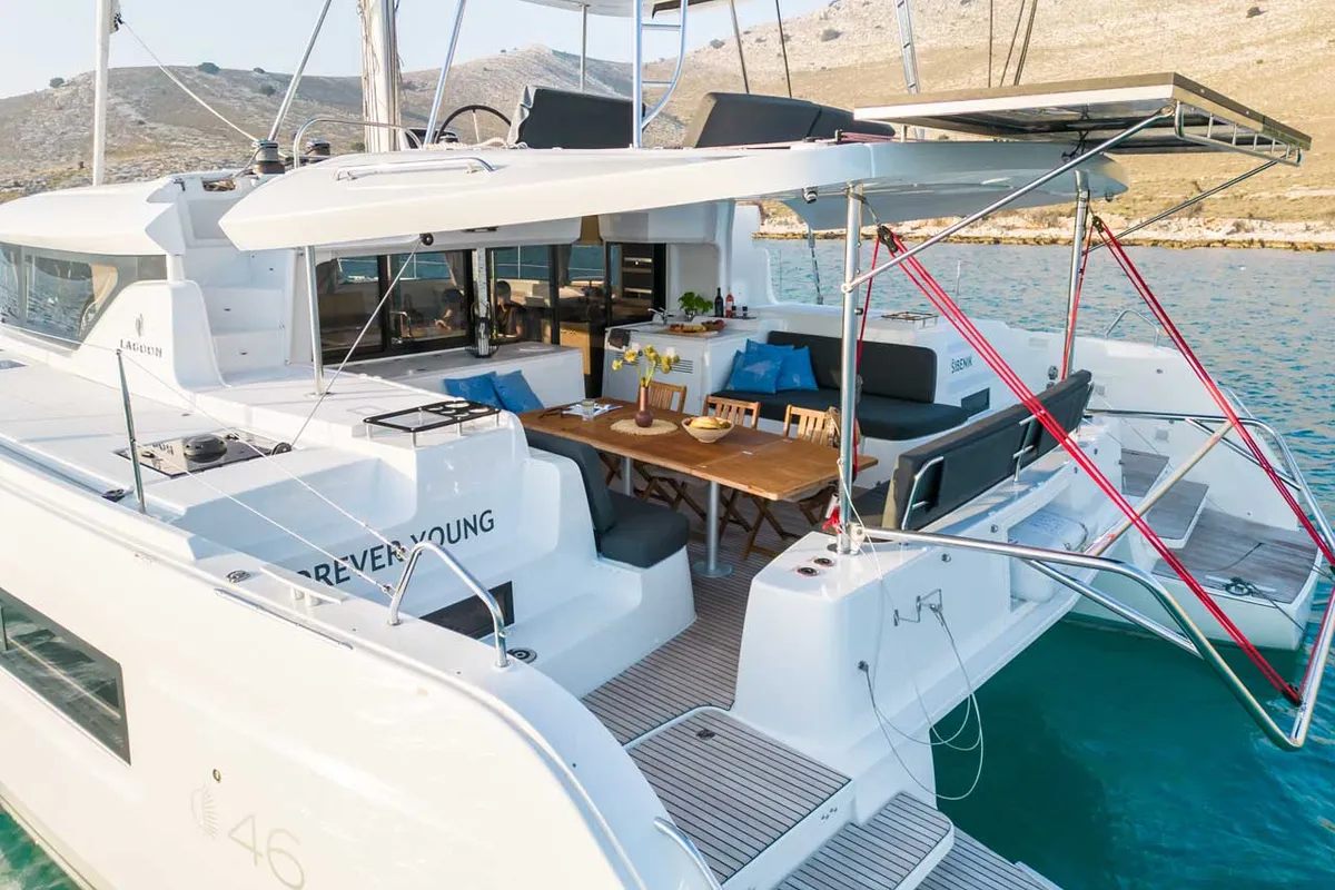 Deck of Forever Young, a Lagoon 46 catamaran at Grad Šibenik, Croatia