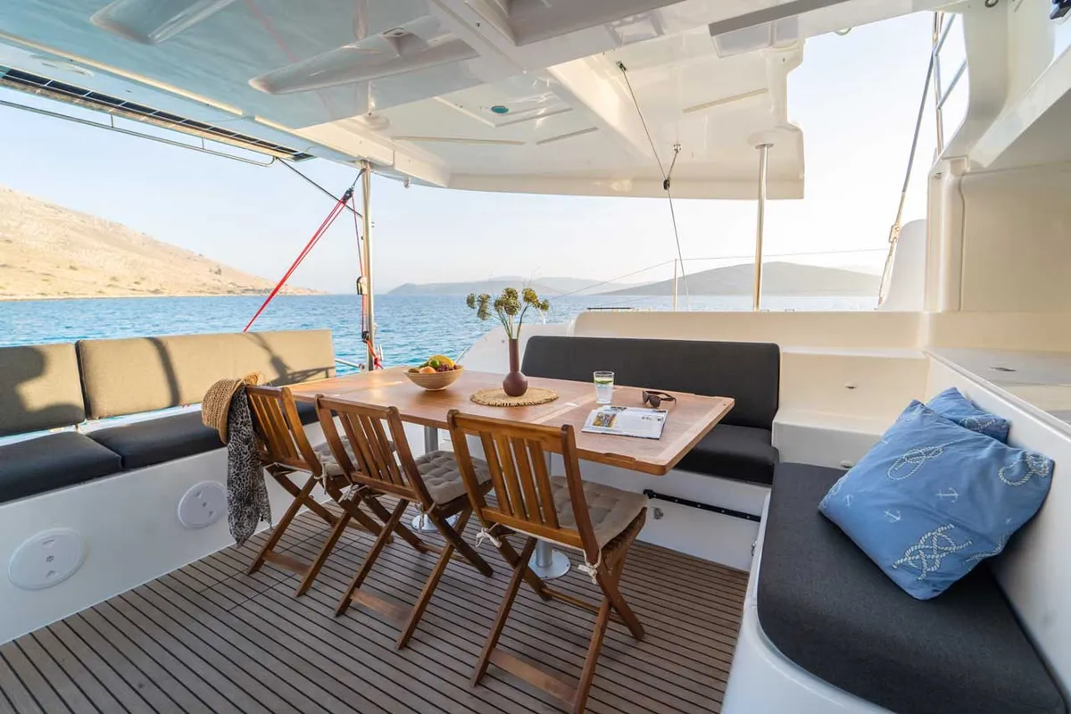 Deck of Forever Young, a Lagoon 46 catamaran at Grad Šibenik, Croatia
