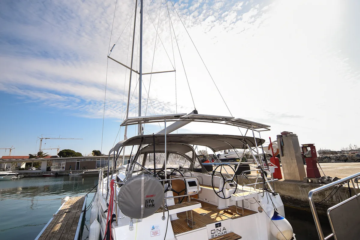Exterior view of Dna, a Bavaria C42 sailboat at Zadar, Croatia