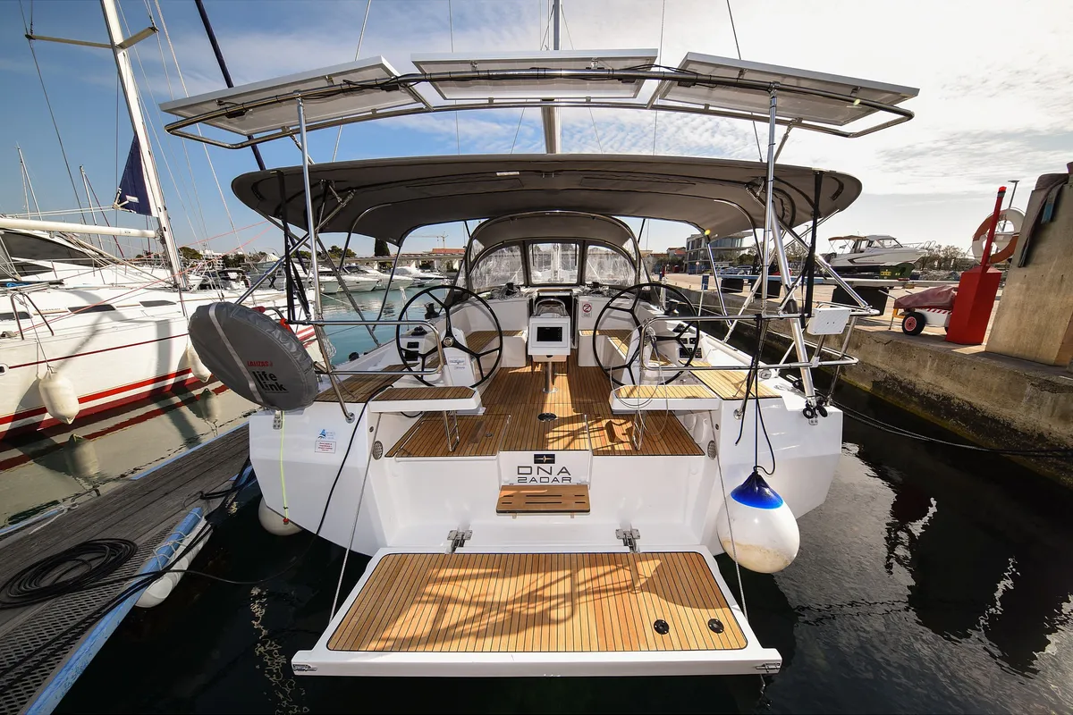 Exterior view of Dna, a Bavaria C42 sailboat at Zadar, Croatia