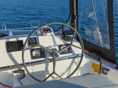 Cockpit of Paspartu, a Bali 4.1 catamaran at Municipal Unit of Anaktorio, Greece