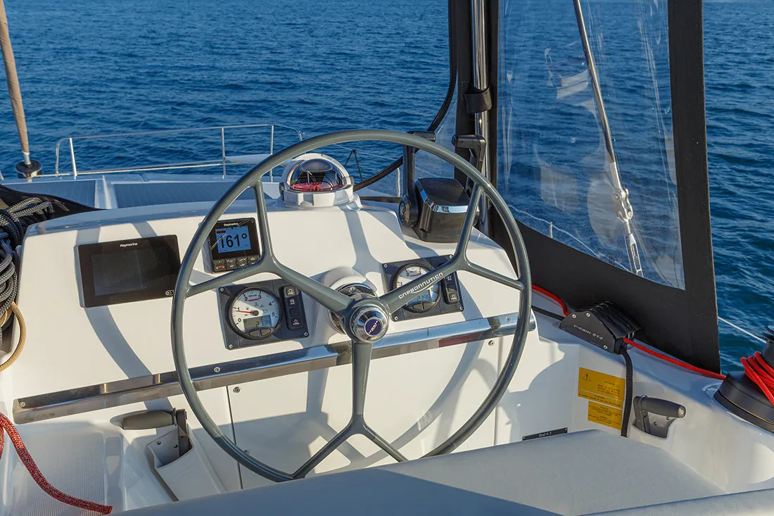 Cockpit of Paspartu, a Bali 4.1 catamaran at Municipal Unit of Anaktorio, Greece