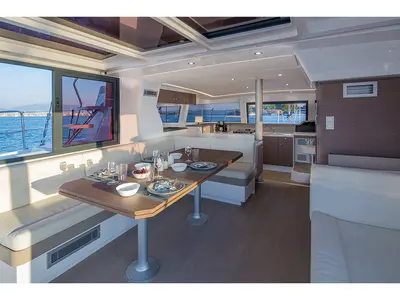 Salon of Paspartu, a Bali 4.1 catamaran at Municipal Unit of Anaktorio, Greece
