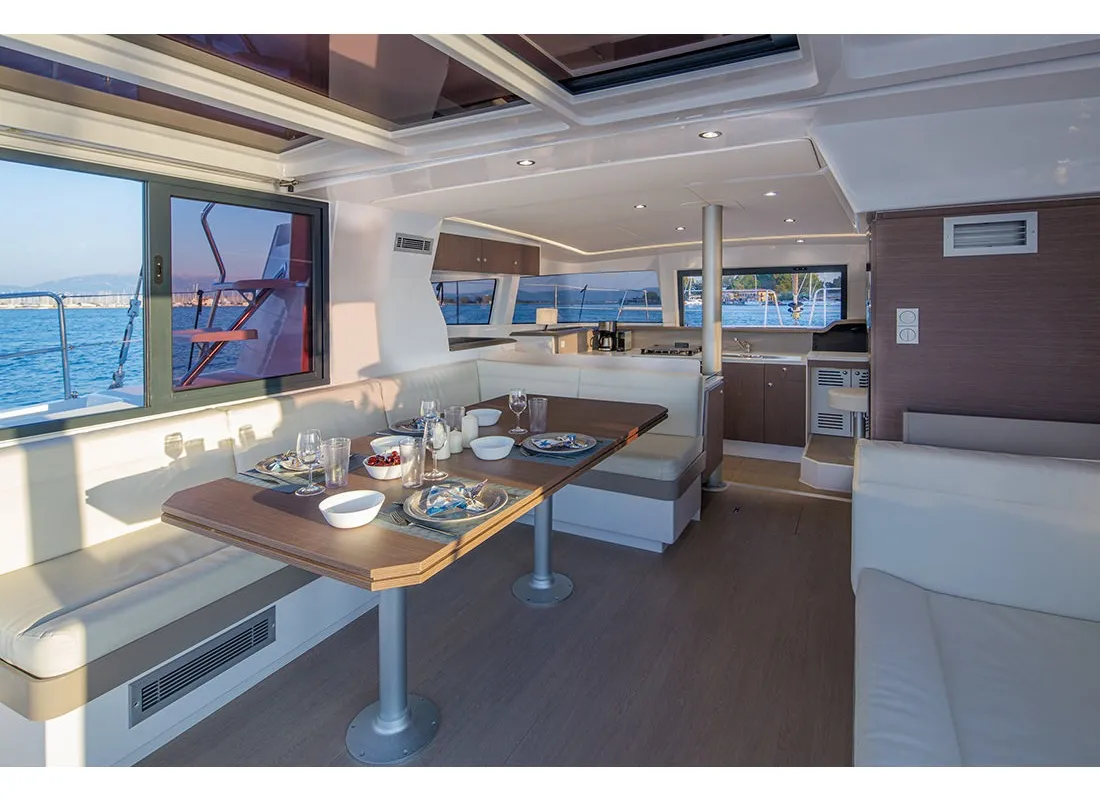 Salon of Paspartu, a Bali 4.1 catamaran at Municipal Unit of Anaktorio, Greece