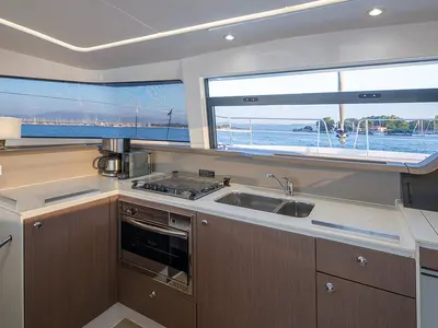 Galley of Paspartu, a Bali 4.1 catamaran at Municipal Unit of Anaktorio, Greece