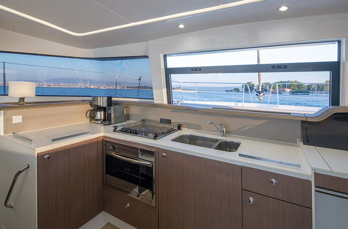 Galley of Paspartu, a Bali 4.1 catamaran at Municipal Unit of Anaktorio, Greece