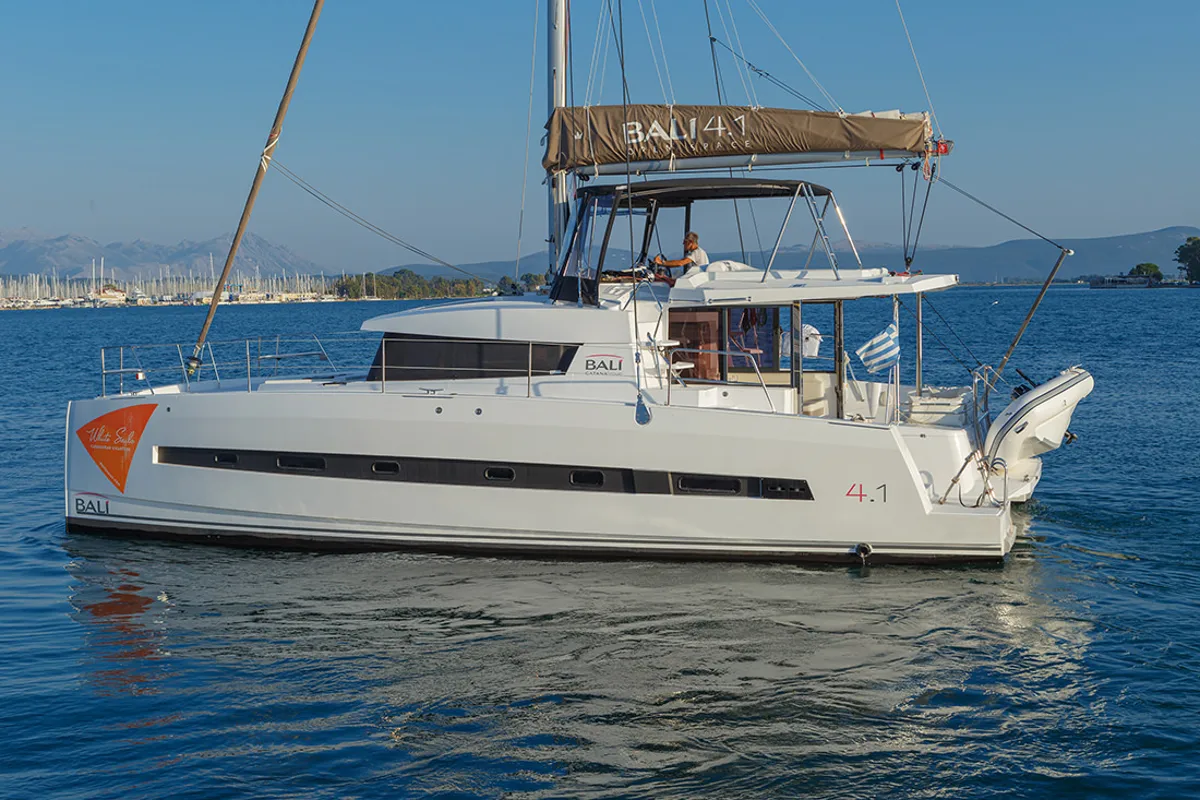 Exterior view of Paspartu, a Bali 4.1 catamaran at Municipal Unit of Anaktorio, Greece