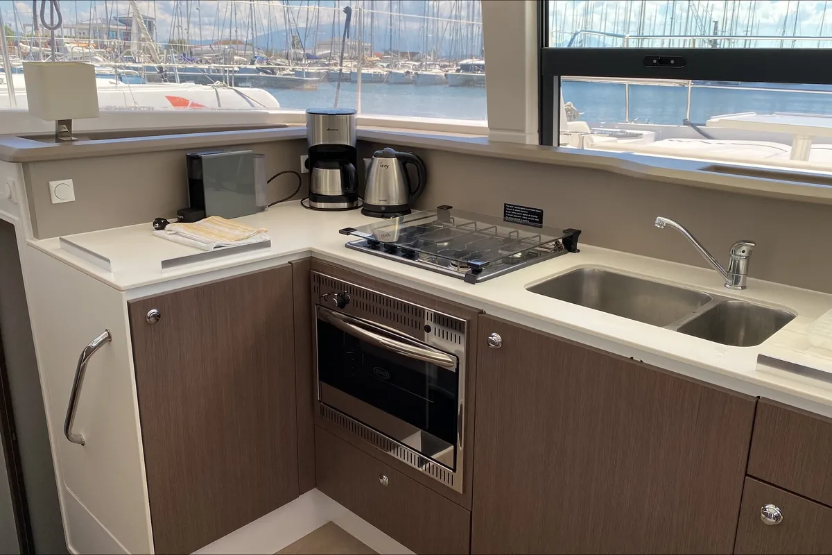 Galley of Paspartu, a Bali 4.1 catamaran at Municipal Unit of Anaktorio, Greece