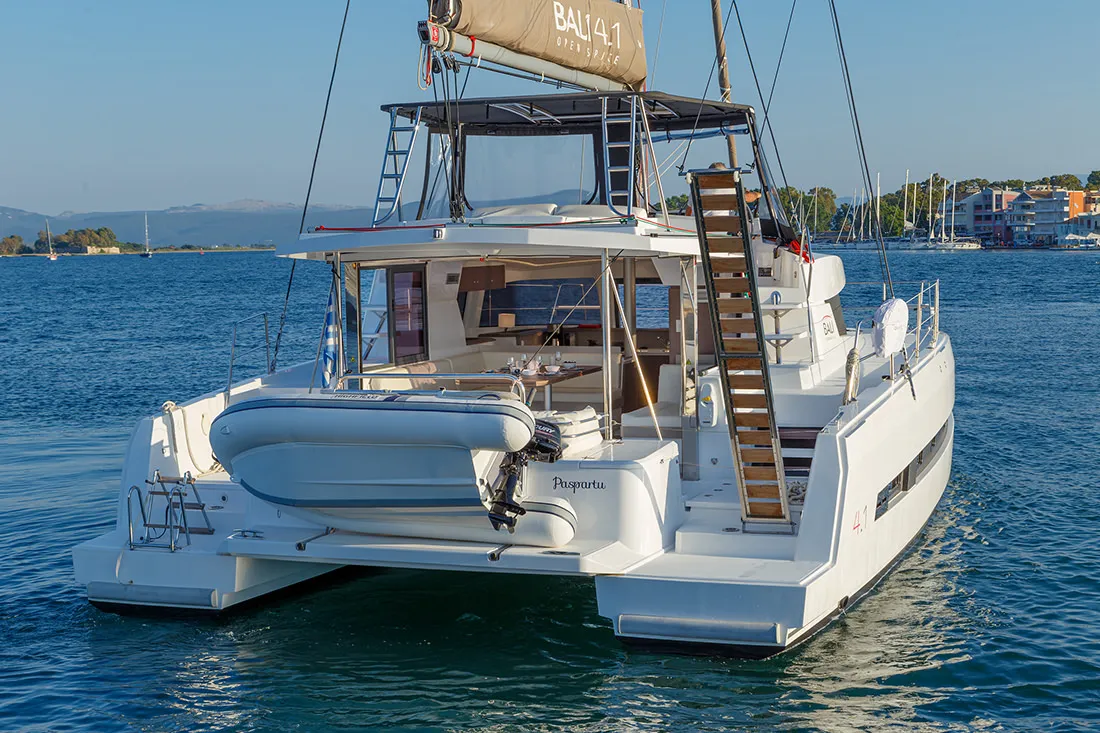 Exterior view of Paspartu, a Bali 4.1 catamaran at Municipal Unit of Anaktorio, Greece