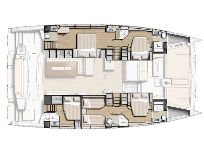 Floor plan of License To Chill, a Bali 5.4 catamaran at Preveza, Greece