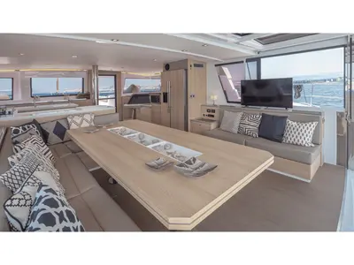 Salon of License To Chill, a Bali 5.4 catamaran at Preveza, Greece