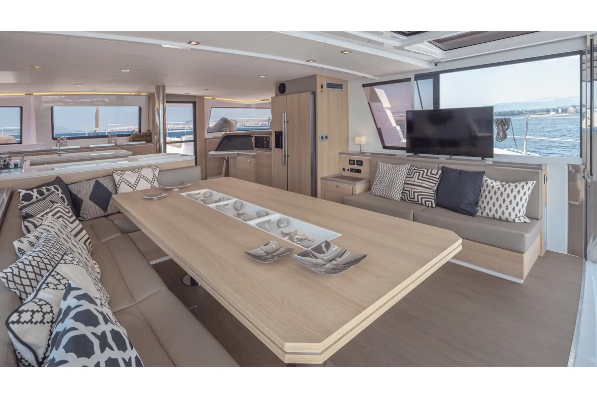 Salon of License To Chill, a Bali 5.4 catamaran at Preveza, Greece