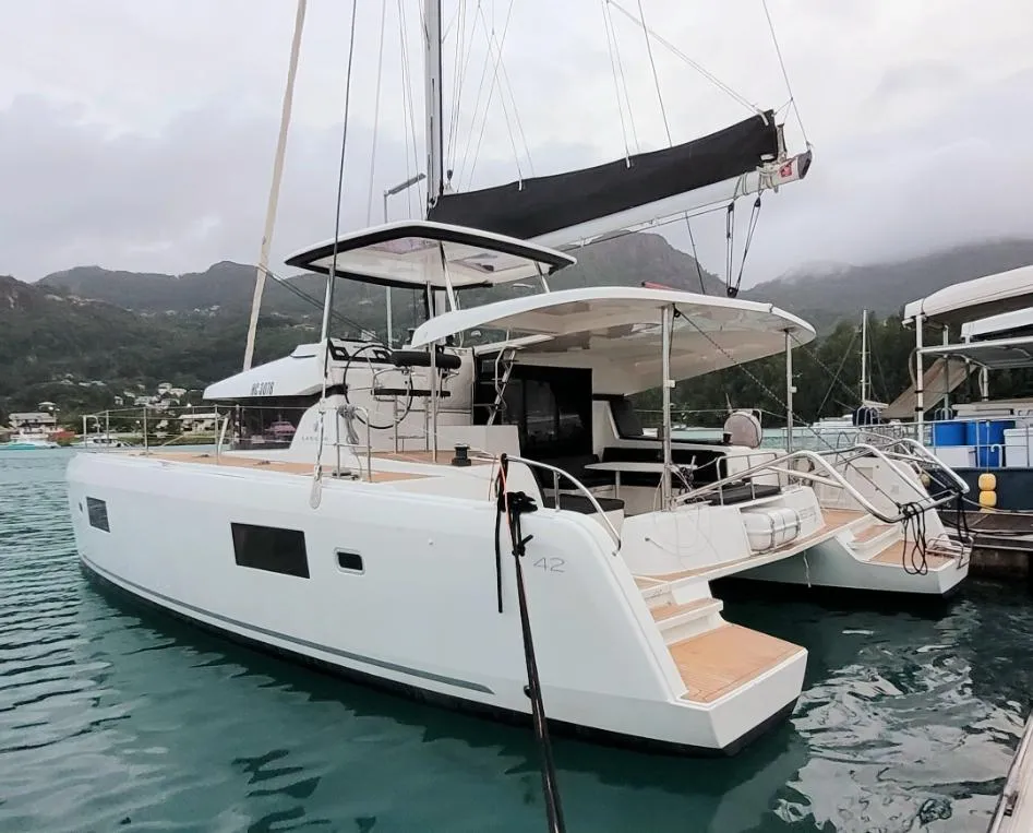 Exterior view of Best Love, a Lagoon 42 catamaran at Roche Caiman, Seychelles