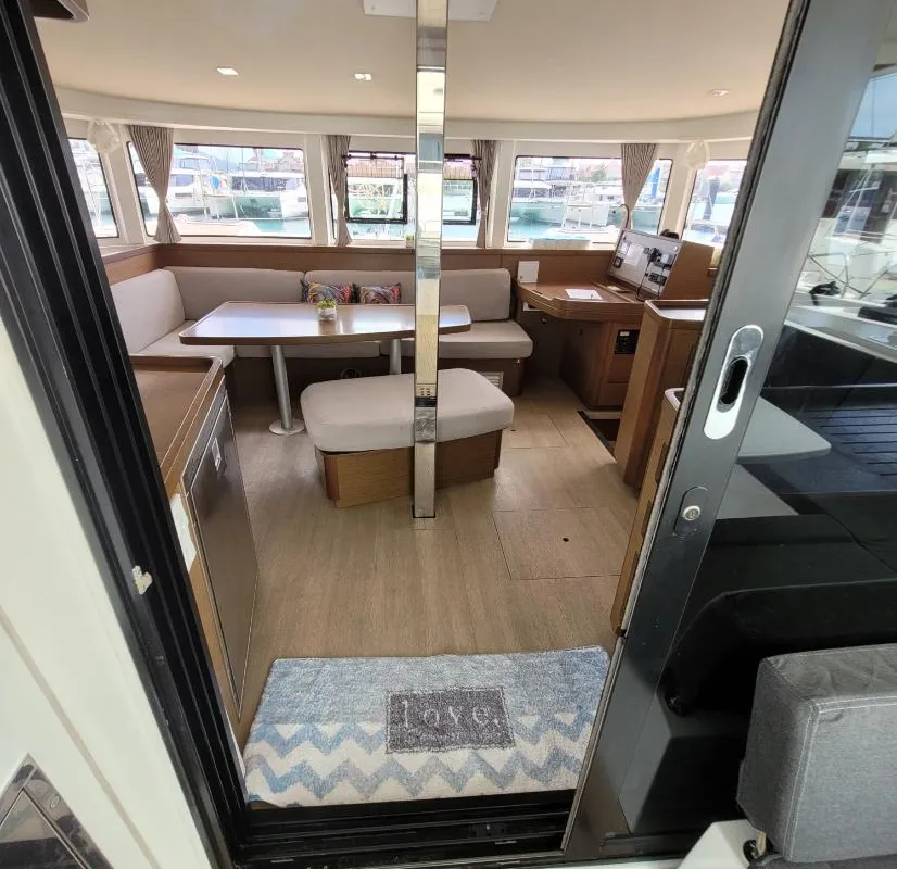 Salon of Best Love, a Lagoon 42 catamaran at Roche Caiman, Seychelles