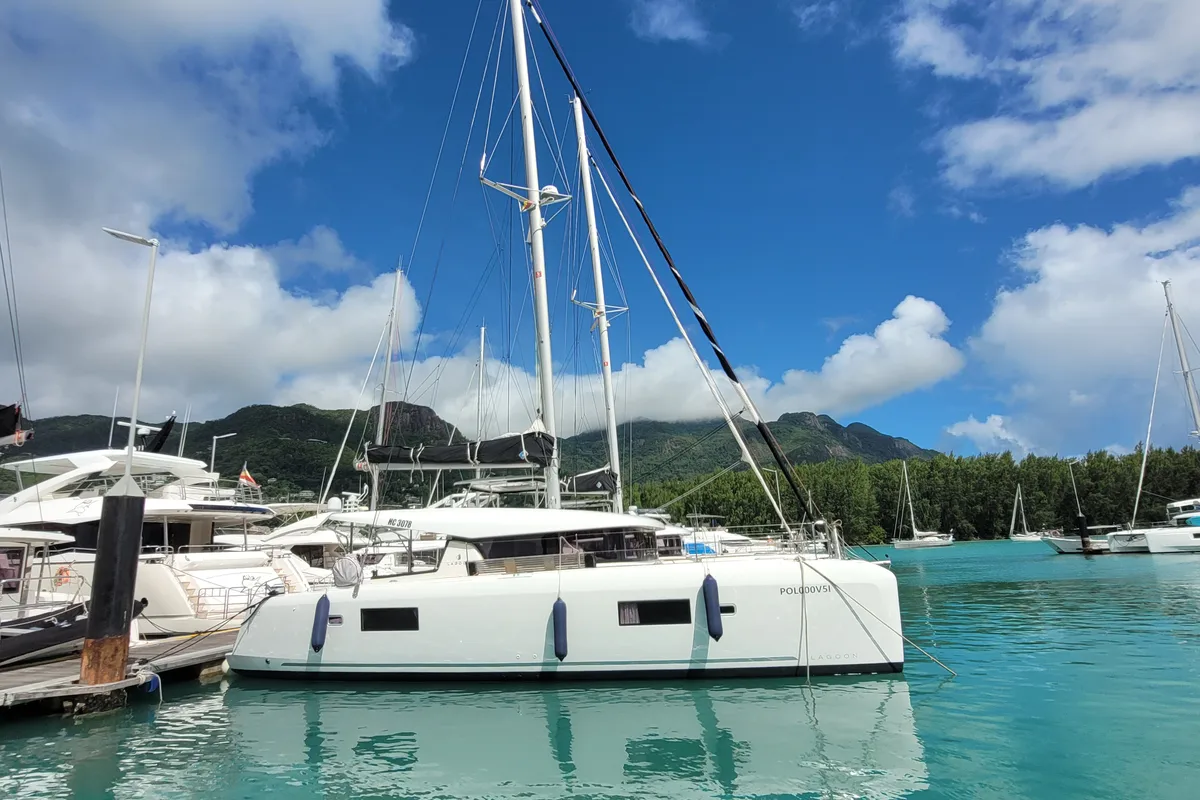 Exterior view of Best Love, a Lagoon 42 catamaran at Roche Caiman, Seychelles