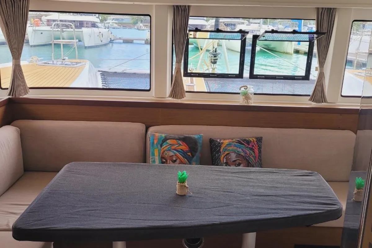 Salon of Best Love, a Lagoon 42 catamaran at Roche Caiman, Seychelles