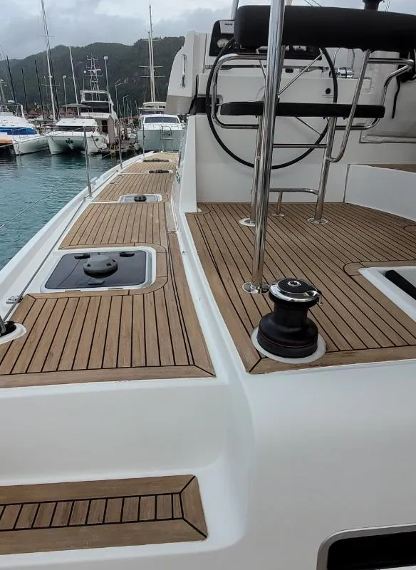 Deck of Best Love, a Lagoon 42 catamaran at Roche Caiman, Seychelles