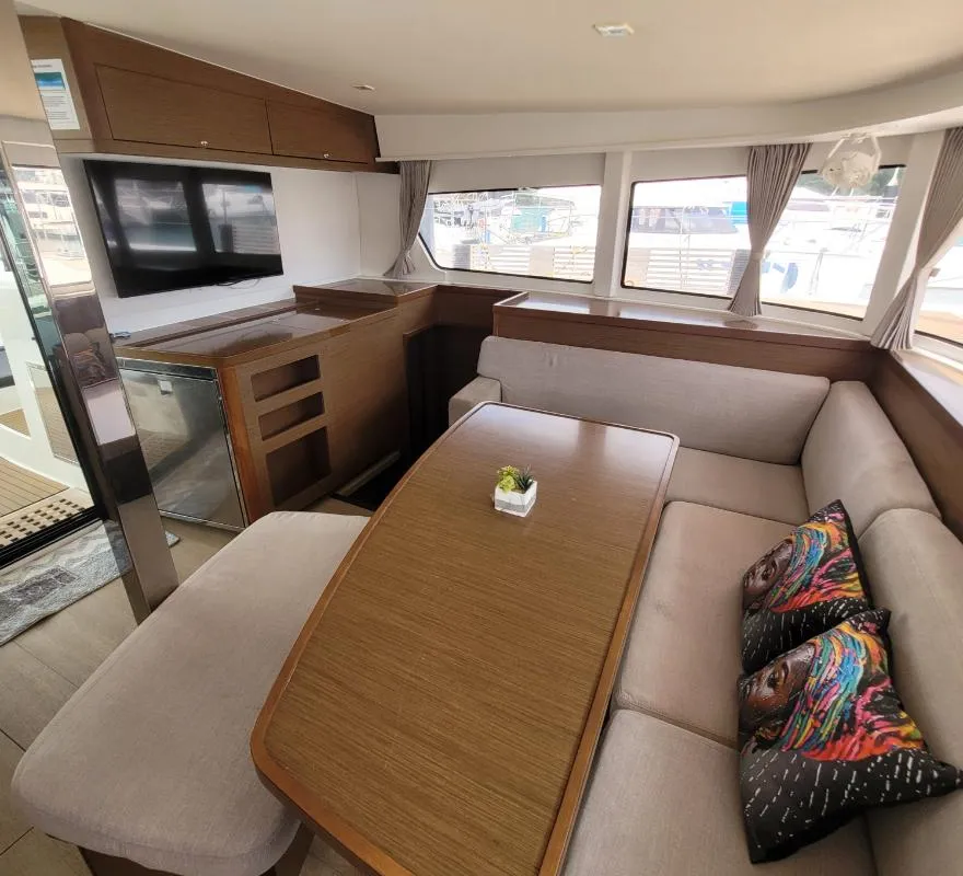 Salon of Best Love, a Lagoon 42 catamaran at Roche Caiman, Seychelles
