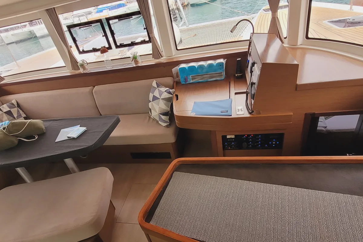 Salon of Best Love, a Lagoon 42 catamaran at Roche Caiman, Seychelles