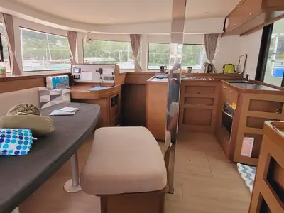 Salon of Best Love, a Lagoon 42 catamaran at Roche Caiman, Seychelles