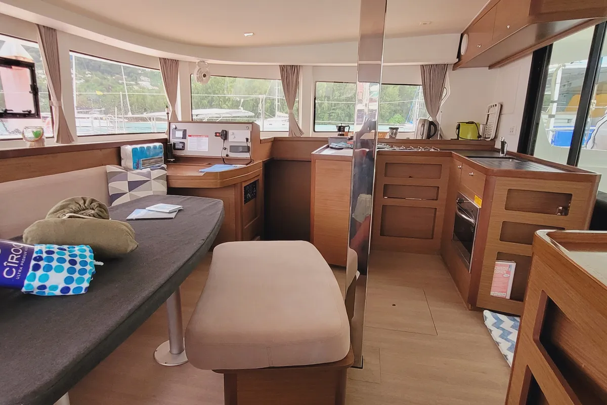 Salon of Best Love, a Lagoon 42 catamaran at Roche Caiman, Seychelles