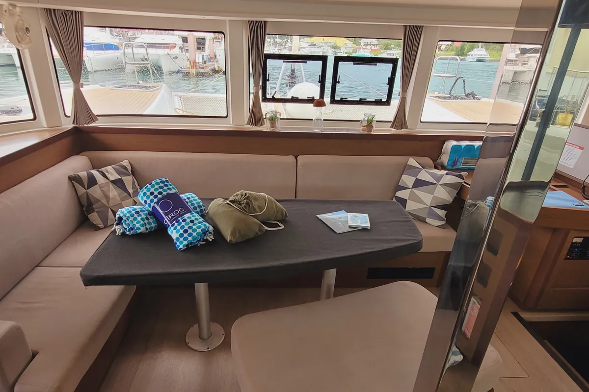 Salon of Best Love, a Lagoon 42 catamaran at Roche Caiman, Seychelles