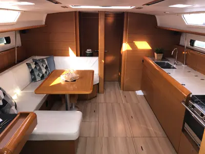 Salon of Luna Rossa, a Jeanneau Sun Odyssey 479 sailboat at Athens, Greece