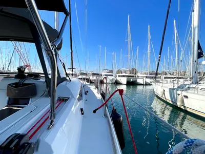 Deck of Luna Rossa, a Jeanneau Sun Odyssey 479 sailboat at Athens, Greece