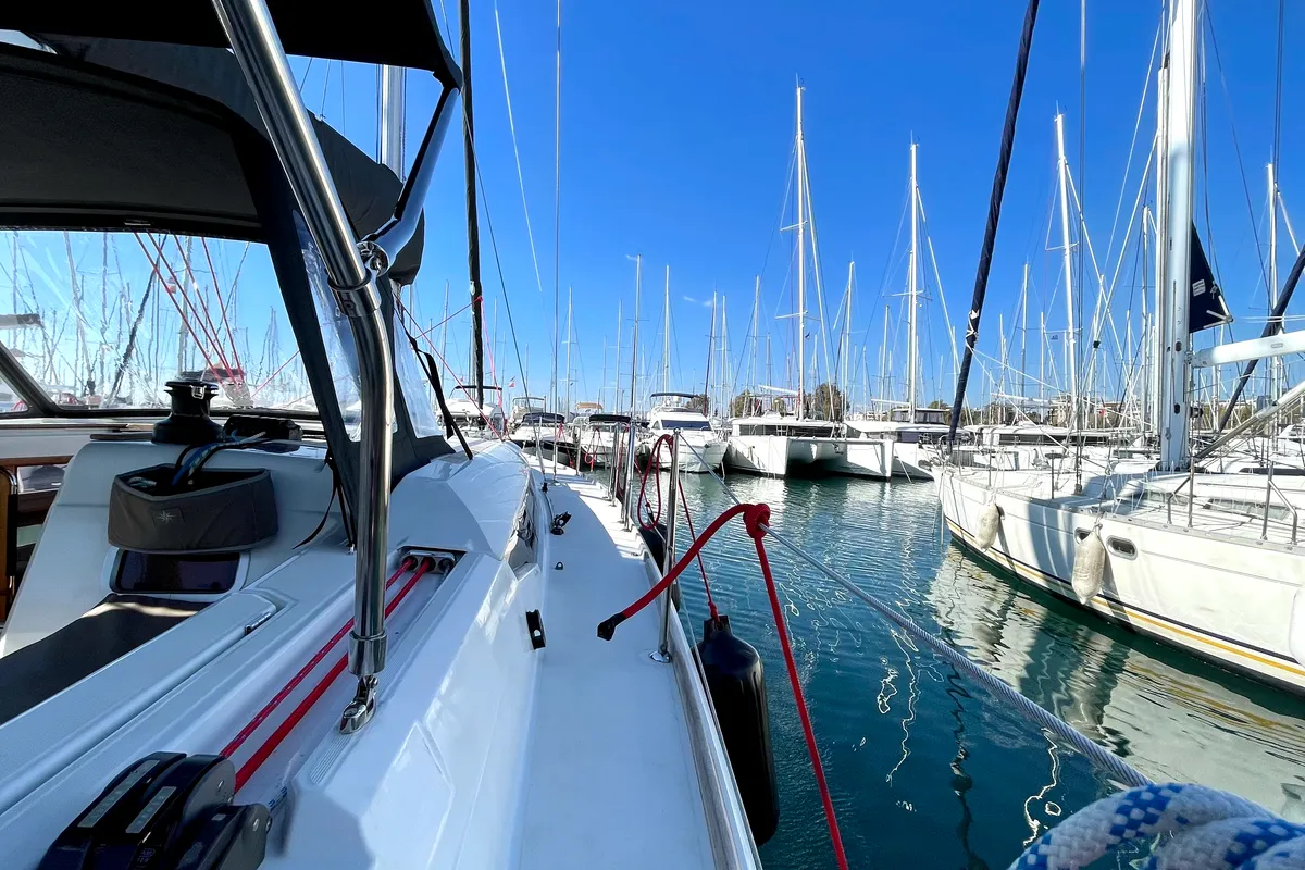 Deck of Luna Rossa, a Jeanneau Sun Odyssey 479 sailboat at Athens, Greece