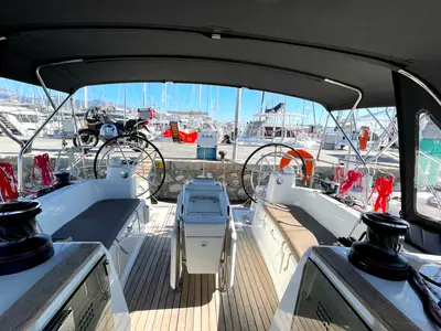 Cockpit of Luna Rossa, a Jeanneau Sun Odyssey 479 sailboat at Athens, Greece