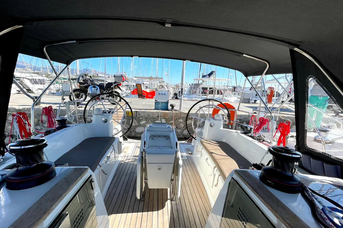 Cockpit of Luna Rossa, a Jeanneau Sun Odyssey 479 sailboat at Athens, Greece