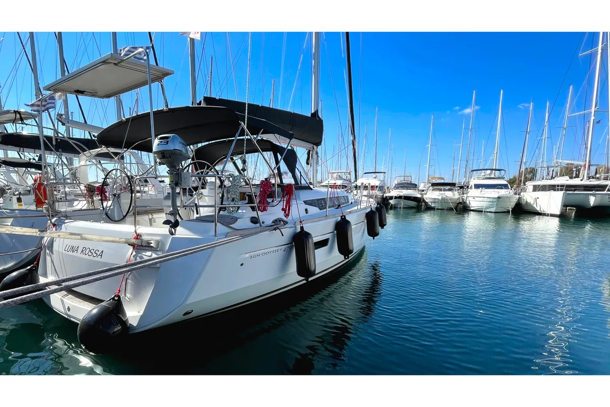 Exterior view of Luna Rossa, a Jeanneau Sun Odyssey 479 sailboat at Athens, Greece