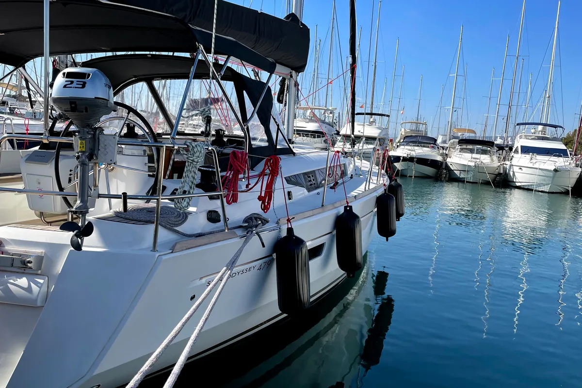 Exterior view of Luna Rossa, a Jeanneau Sun Odyssey 479 sailboat at Athens, Greece