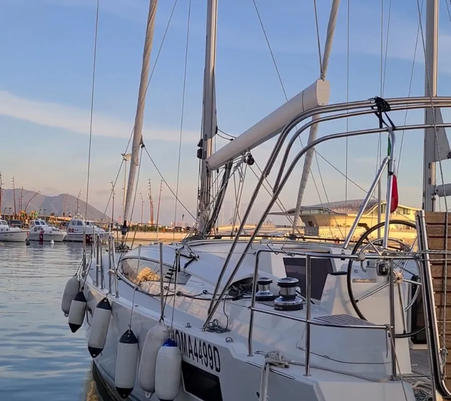 Exterior view of Zaniah, a Jeanneau 54 sailboat at Salerno, Italy