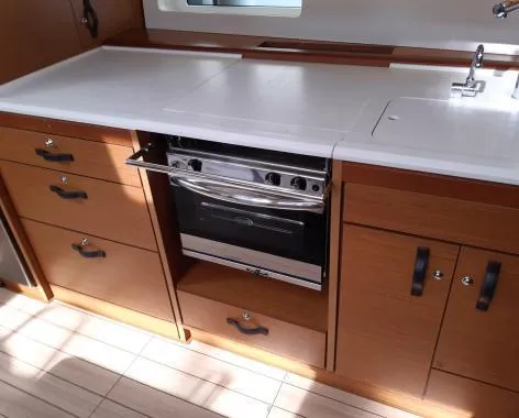 Galley of Zaniah, a Jeanneau 54 sailboat at Salerno, Italy