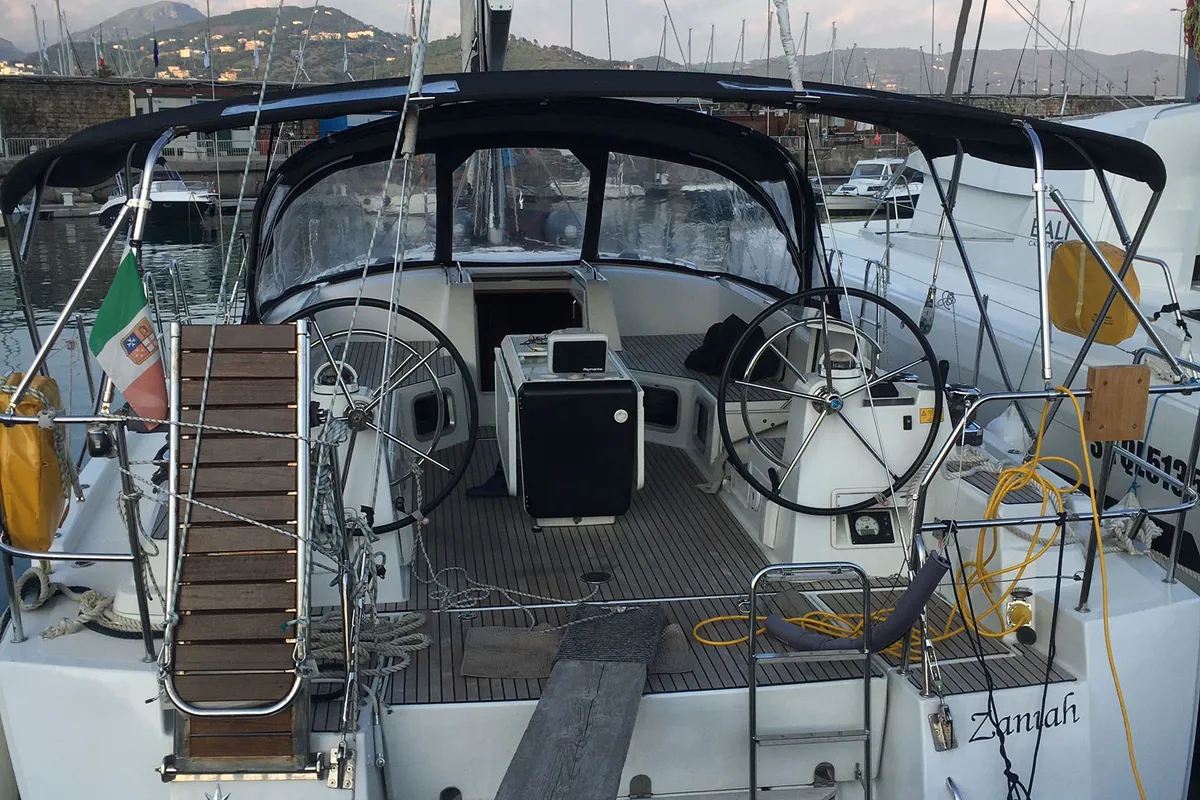 Cockpit of Zaniah, a Jeanneau 54 sailboat at Salerno, Italy