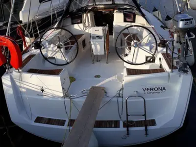 Cockpit of Verona, a Jeanneau Sun Odyssey 389 sailboat at Kontokali, Greece