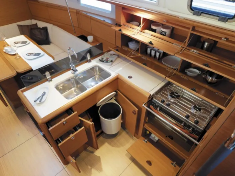 Galley of Verona, a Jeanneau Sun Odyssey 389 sailboat at Kontokali, Greece