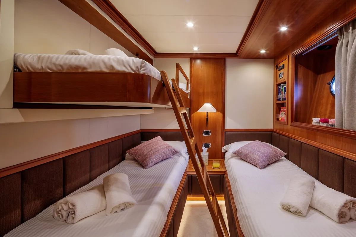Cabin on Freedom, a Alalunga 78 motor yacht at Athens, Greece