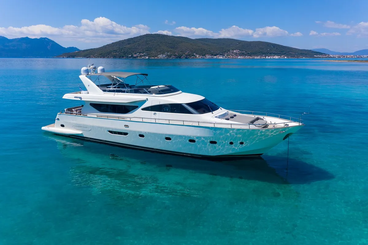 Exterior view of Freedom, a Alalunga 78 motor yacht at Athens, Greece