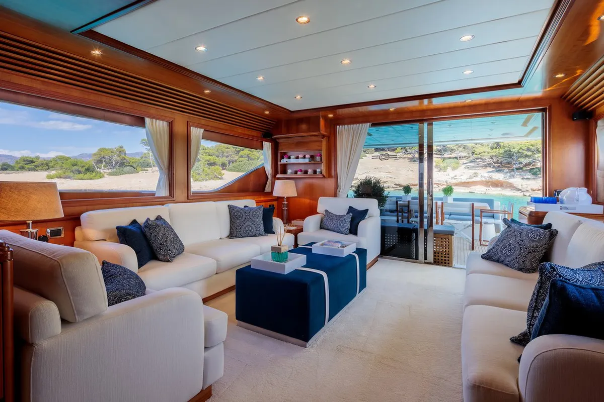 Salon of Freedom, a Alalunga 78 motor yacht at Athens, Greece