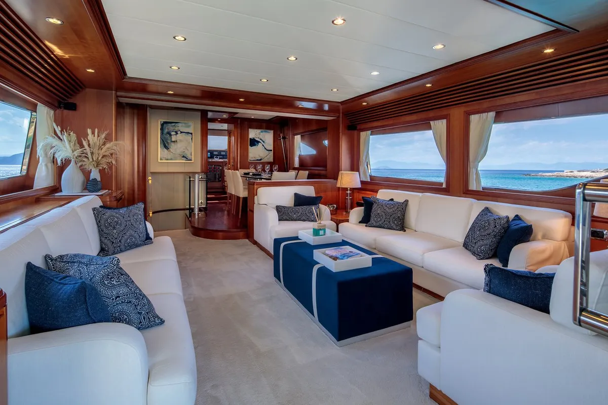 Salon of Freedom, a Alalunga 78 motor yacht at Athens, Greece