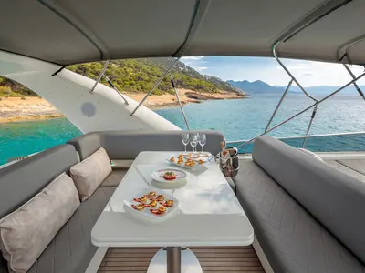 Cockpit of Freedom, a Alalunga 78 motor yacht at Athens, Greece